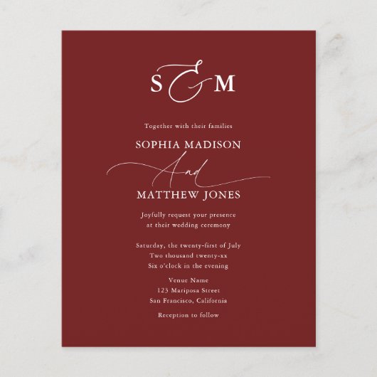 Cheap Elegant Monogram Wedding QR Code Burgundy Flyer (Voorkant)