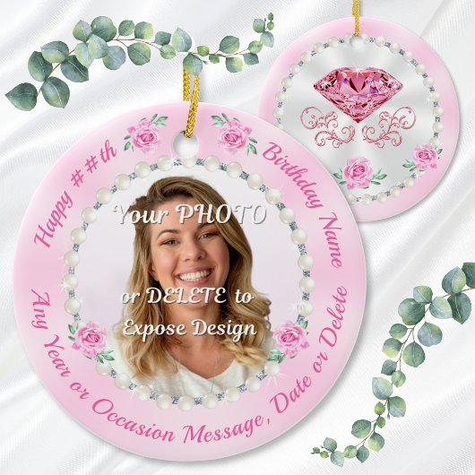 Cheap, Personalized Photo Birthday Ornaments, Pink Keramisch Ornament