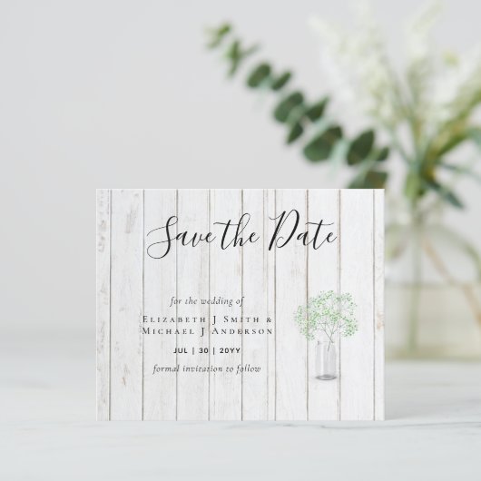 CHEAP Photo Save Dates Rustic Gypsophila Mason Jar (Staand voorkant)