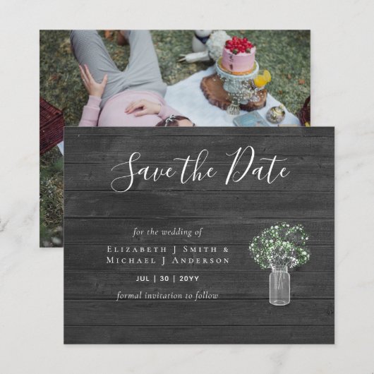 CHEAP Photo Save Dates Rustic Gypsophila Mason Jar (Voorkant / Achterkant)