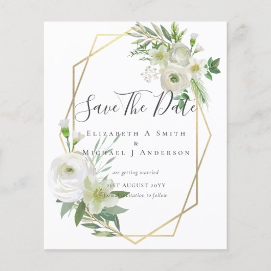 CHEAP Photo Save Dates White Floral Greenery Leaf Flyer (Voorkant)