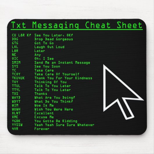Cheat-blad Txt Messaging Muismat (Voorkant)