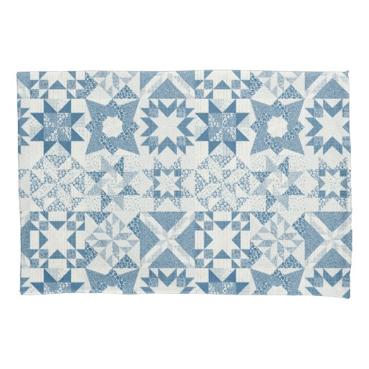 Cheater Traditionele Patchwork Sterren Quilt Blauw Kussensloop (Voorkant)