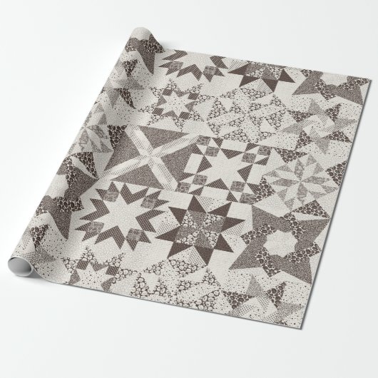 Cheater Traditionele Patchwork Sterren Quilt Zwart Cadeaupapier (Uitgerold)