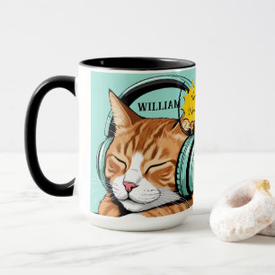 CHECK MEO Bruine Kat met Koptelefoon – Gepersonali Mok