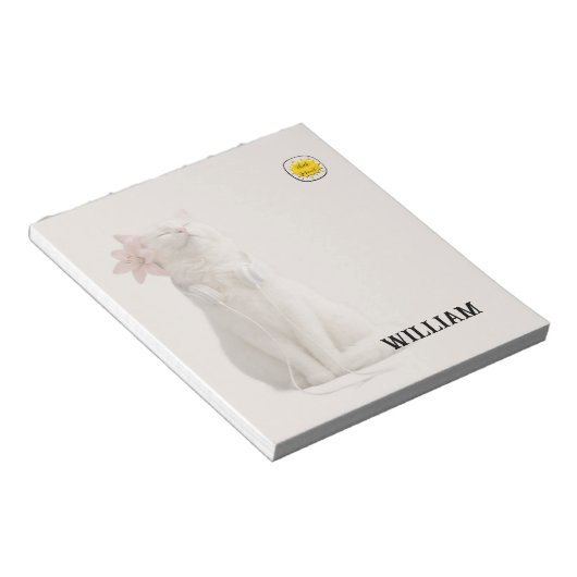 CHECK MEO White Cat with Headphones – Personalized Notitieblok (Schuin)