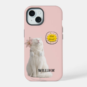 CHECK MEO Witte Kat met Koptelefoon – Gepersonalis iPhone 15 Case