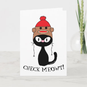 Check Meowt. Black Cat w Sock Monkey Pet Birthday Kaart