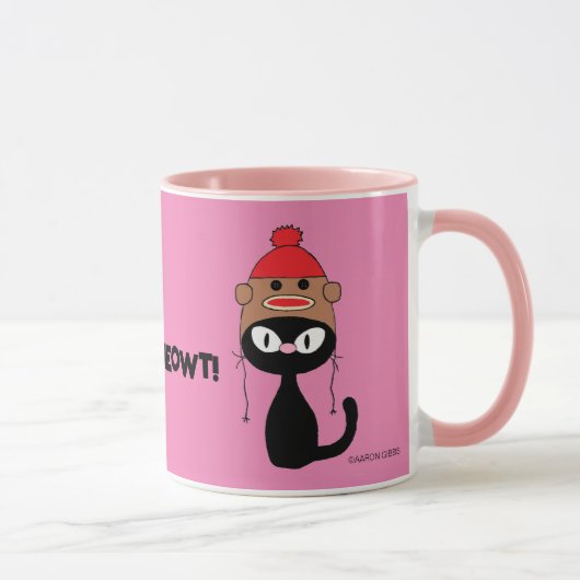 Check Meowt! Cartoon Zwarte Kat met Sock Monkey Ho Mok (Rechts)