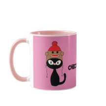 Check Meowt. Cartoon zwarte kat met Sock Monkey Pe