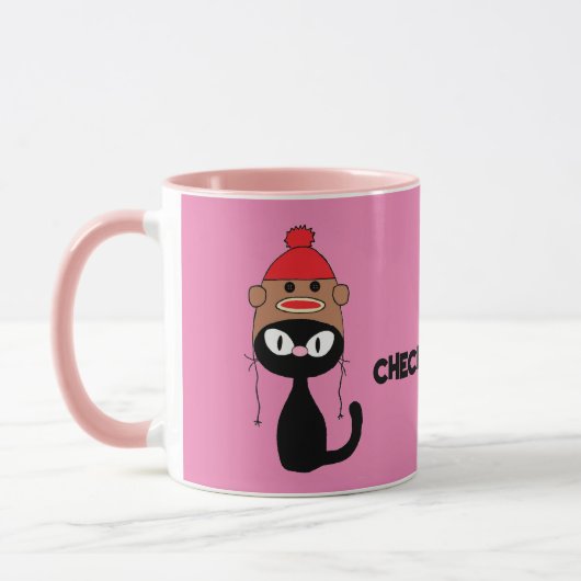 Check Meowt. Cartoon zwarte kat met Sock Monkey Pe Mok (Links)