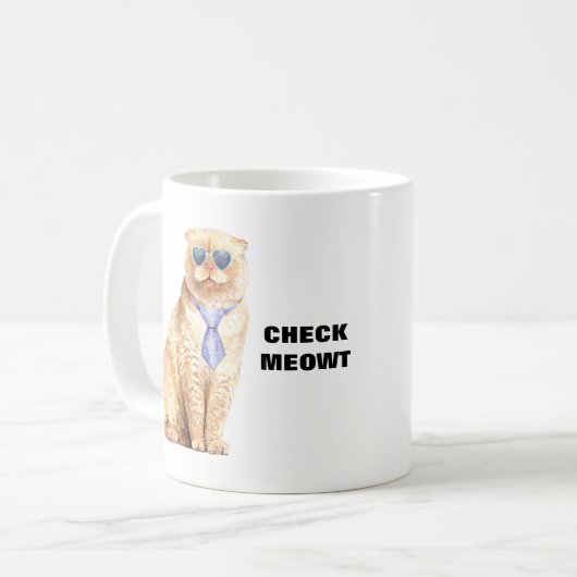 Check Meowt Cat met zonnebril en Stropdas Funny Koffiemok (Voorkant links)