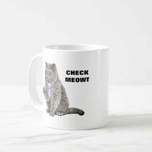 Check Meowt Cat met zonnebril en Stropdas Funny Koffiemok (Voorkant links)