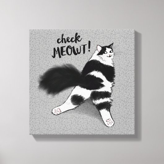 Check Meowt. Funny Black and White Cat Sploot Canvas Afdruk (Voorkant)