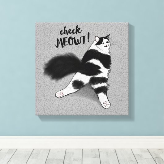 Check Meowt. Funny Black and White Cat Sploot Canvas Afdruk (Insitu (Houten vloer))