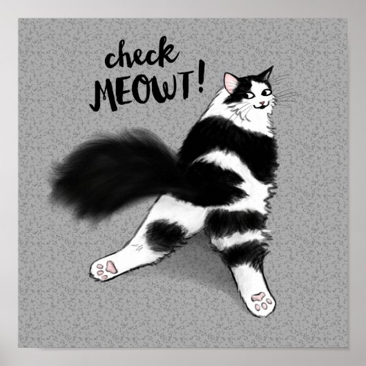 Check Meowt. Funny Black and White Cat Sploot Poster (Voorkant)