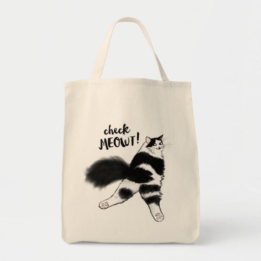 Check Meowt. Funny Black and White Cat Sploot Tote Bag (Voorkant)