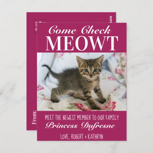 "Check Meowt" - Nieuwe kat-aankondiging Paars Briefkaart (Voorkant / Achterkant)