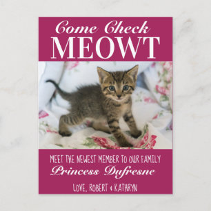 "Check Meowt" - Nieuwe kat-aankondiging Paars Briefkaart