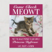"Check Meowt" - Nieuwe kat-aankondiging Paars Briefkaart (Voorkant)
