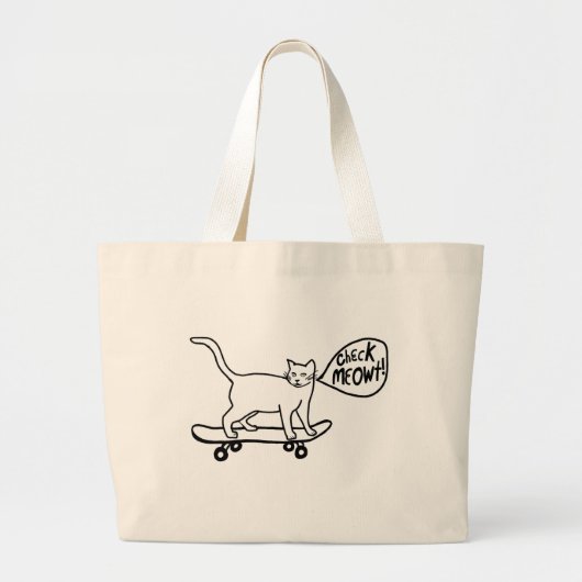 Check Meowt Punny Skateboarding Cat Black White Grote Tote Bag (Voorkant)