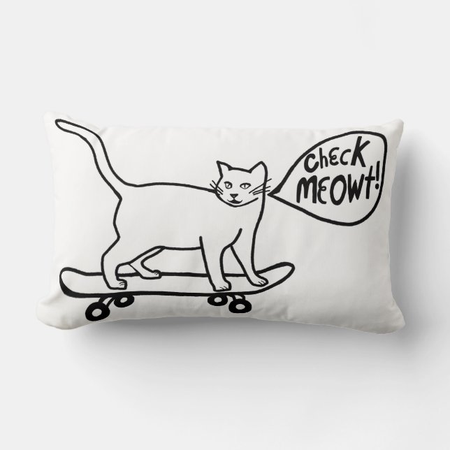 Check Meowt Punny Skateboarding Cat Black White Kussen (Voorkant)