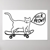 Check Meowt Punny Skateboarding Cat Black White