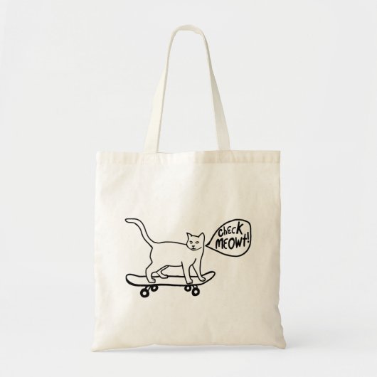 Check Meowt Punny Skateboarding Cat Black White Tote Bag (Voorkant)
