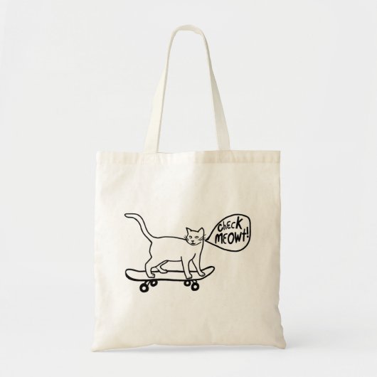 Check Meowt Punny Skateboarding Cat Black White Tote Bag (Voorkant)