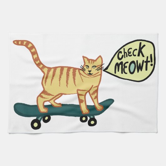 Check Meowt Punny Skateboarding Tabby Cat Theedoek (Horizontaal)