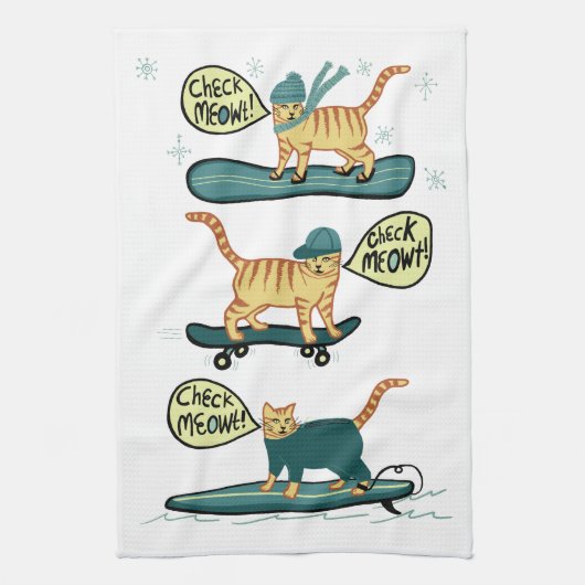 Check Meowt. Skateboard Surf Snowboard Tabblad Cat Theedoek (Verticaal)