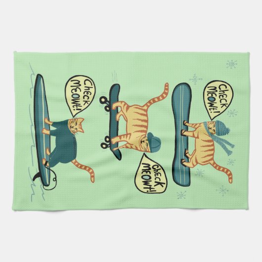 Check Meowt. Skateboard Surf Snowboard Tabblad Cat Theedoek (Horizontaal)