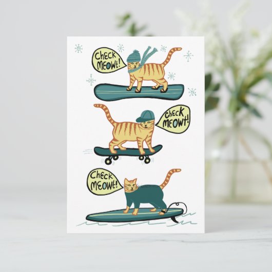 Check Meowt. Skateboard Surfer Snowboard Cat Kaart (Staand voorkant)