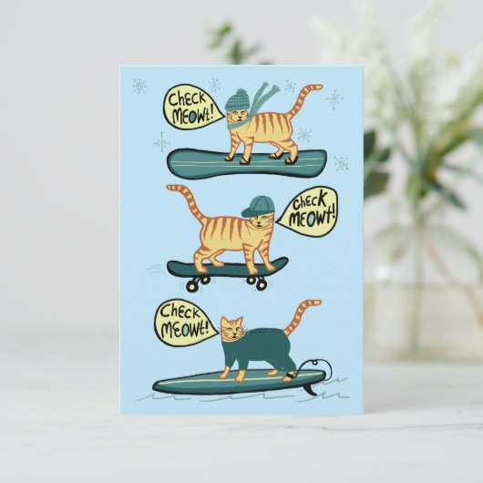 Check Meowt. Skateboard Surfer Snowboard Cat Kaart (Staand voorkant)