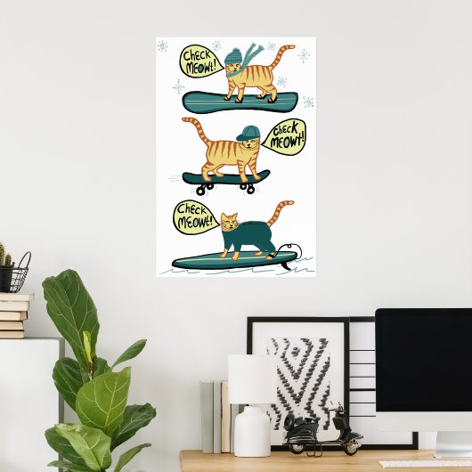 Check Meowt. Skateboard Surfer Snowboard Tabblad C Poster (Thuiskantoor)