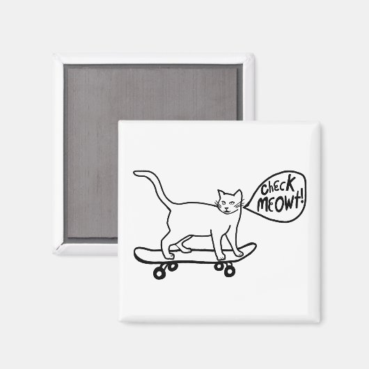Check Meowt. Skateboarding Cat Black White Magneet (Voorkant / Achterkant)