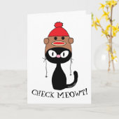 Check Meowt! Zwarte Kat met Sock Monkey Hoed Verja Kaart (Gele Bloem)