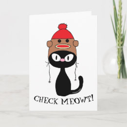 Check Meowt! Zwarte Kat met Sock Monkey Hoed Verja Kaart