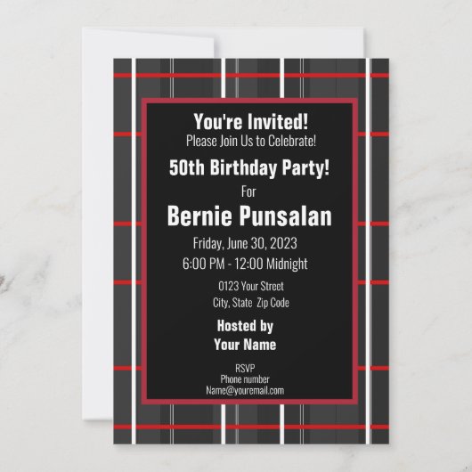 Check Plaid Wit Rood Zwart Verjaardagsfeestje Even Kaart (Achterkant)