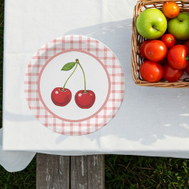 Checked Paper Plates with Cherries for Parties Papieren Bordje