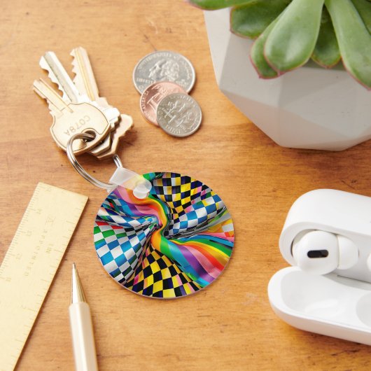 Checker Board Rainbow Patroon Digitale Kunst Sleutelhanger (Bureau)