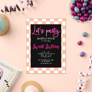 Checker heet roze perzik wit Lets party Sweet 16 Acryl Uitnodigingen