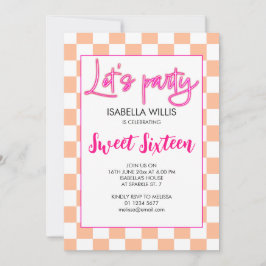Checker heet roze perzik wit Lets party Sweet 16 Kaart