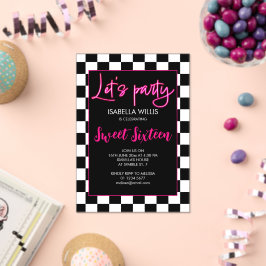 Checker heet roze zwart wit Lets party Sweet 16 Acryl Uitnodigingen
