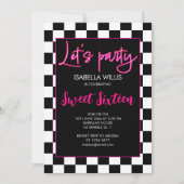 Checker heet roze zwart wit Lets party Sweet 16 Kaart (Voorkant)