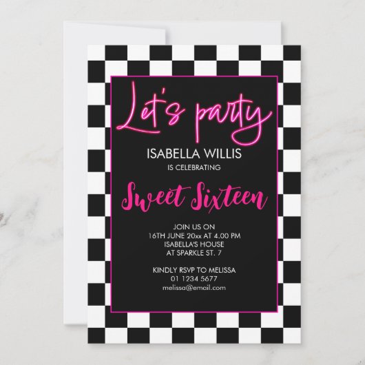 Checker heet roze zwart wit Lets party Sweet 16 Kaart (Voorkant)