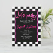 Checker heet roze zwart wit Lets party Sweet 16 Kaart (Staand voorkant)