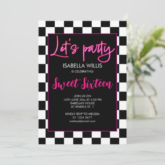 Checker heet roze zwart wit Lets party Sweet 16 Kaart (Staand voorkant)