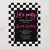 Checker heet roze zwart wit Lets party Sweet 16 Kaart (Voorkant / Achterkant)
