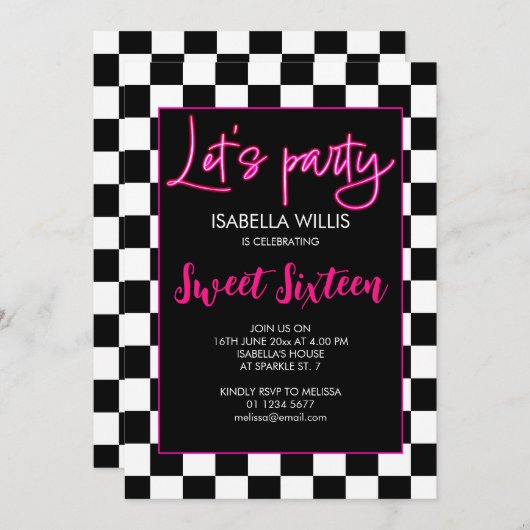 Checker heet roze zwart wit Lets party Sweet 16 Kaart (Voorkant / Achterkant)